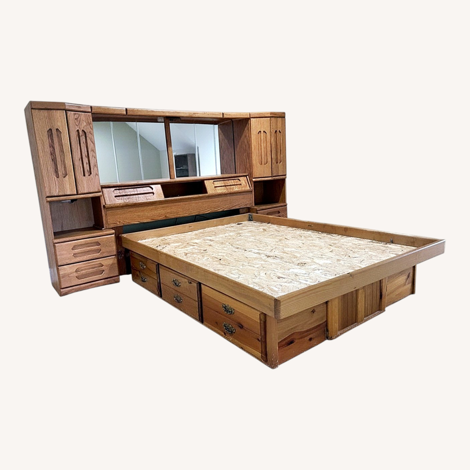 One piece Queen Bed, Mirror Headboard Nightstands - image-0