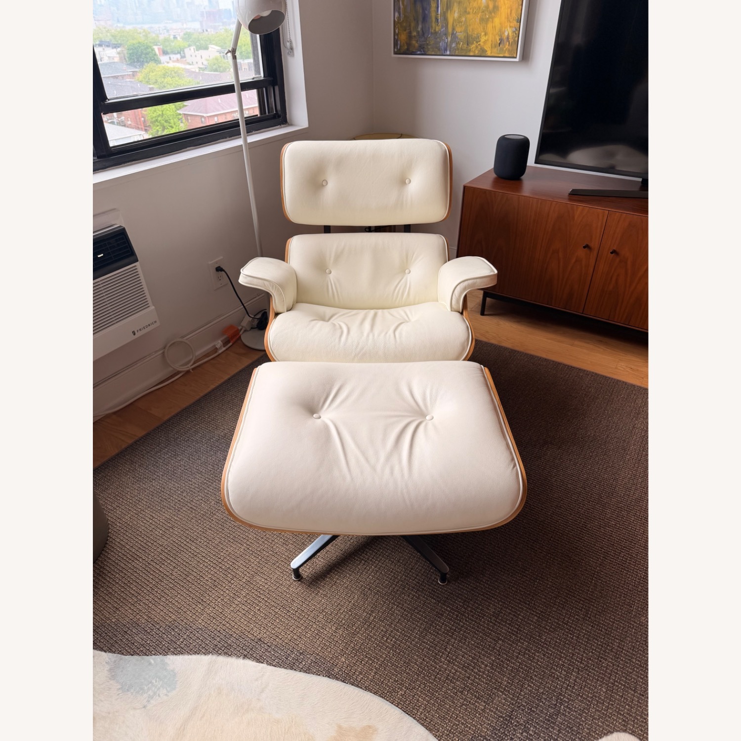 Off-White Leather Chair and Ottoman - image-1