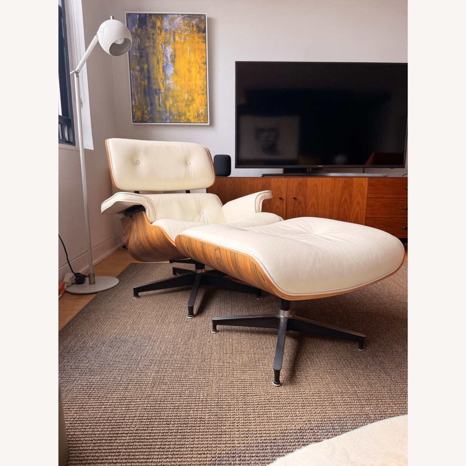 Off-White Leather Chair and Ottoman - image-2