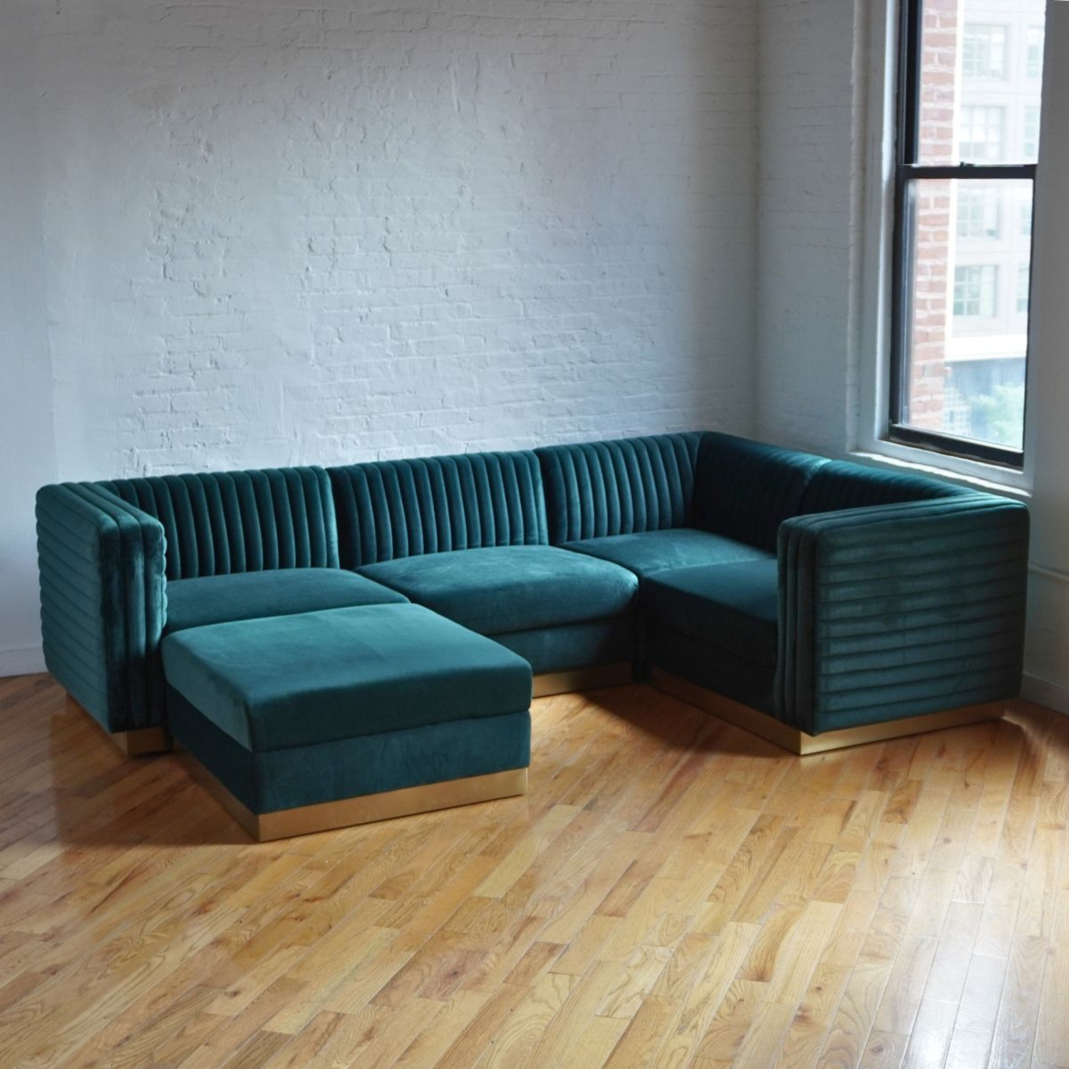 Green Velvet 3+ Piece Sectional - image-2