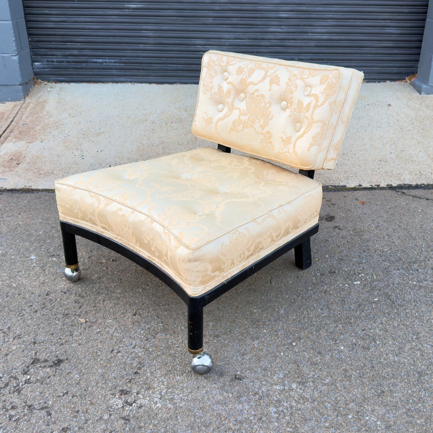 MCM Slipper Chair Ebonized Chrome Casters Tufted - image-5