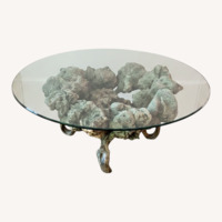 Glass Coffee Table with Sculptural Burl Wood Base