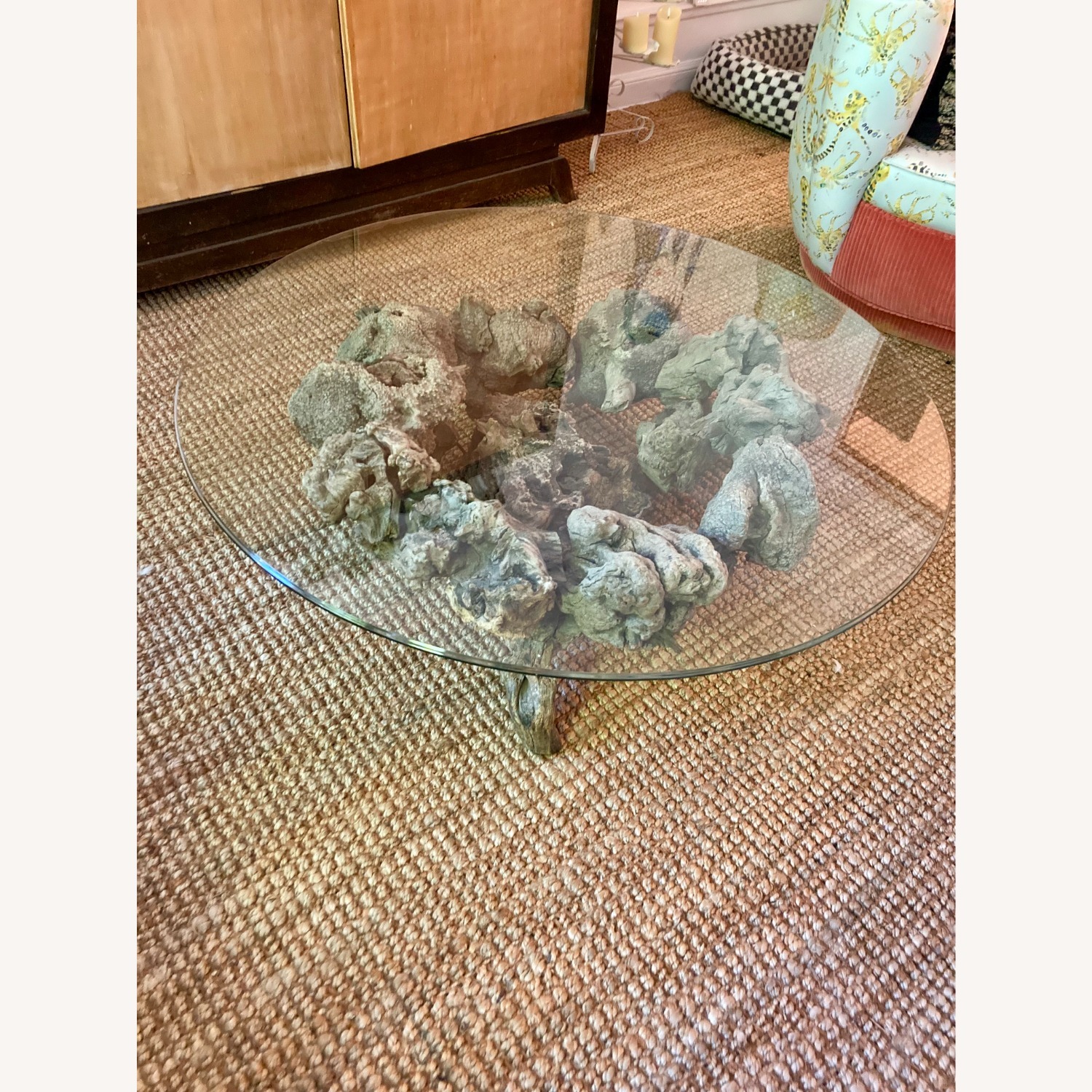 Glass Coffee Table with Sculptural Burl Wood Base - image-5