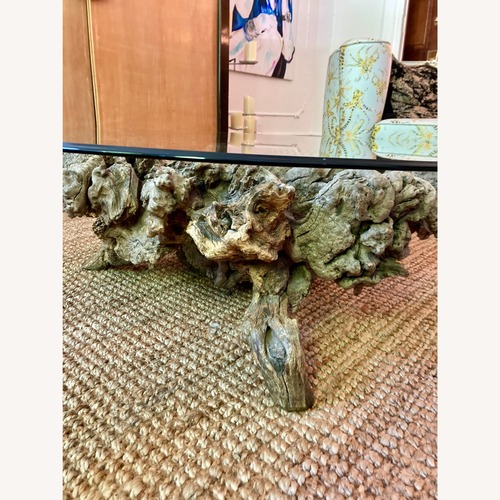 Used Glass Coffee Table with Sculptural Burl Wood Base for sale on AptDeco