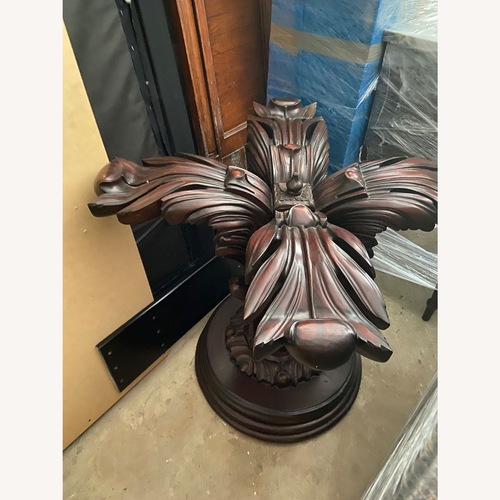 Used Glass Table Top With Decorative Wood Pedestal  for sale on AptDeco