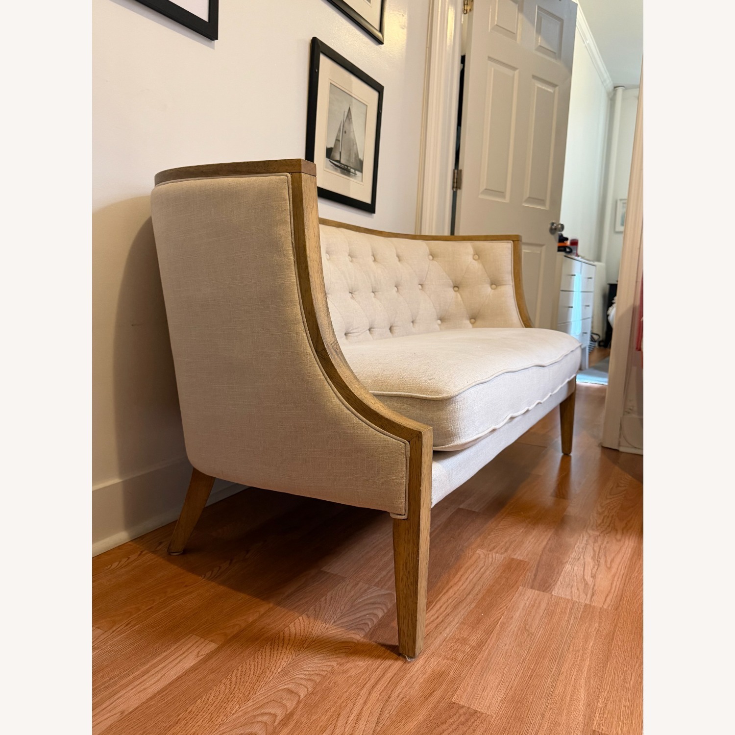 Beige Loveseat Couch W Wood Frame - image-4