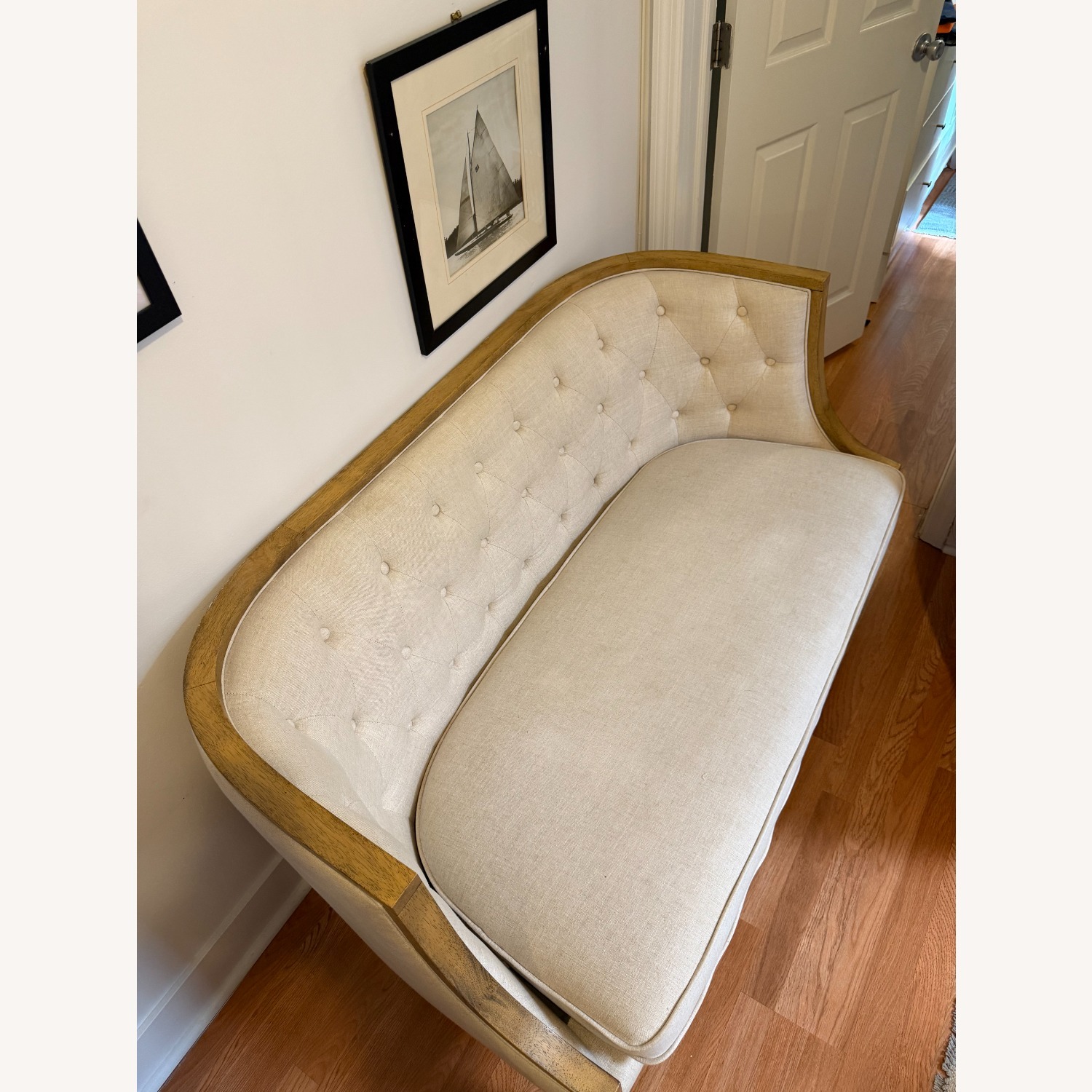 Beige Loveseat Couch W Wood Frame - image-1