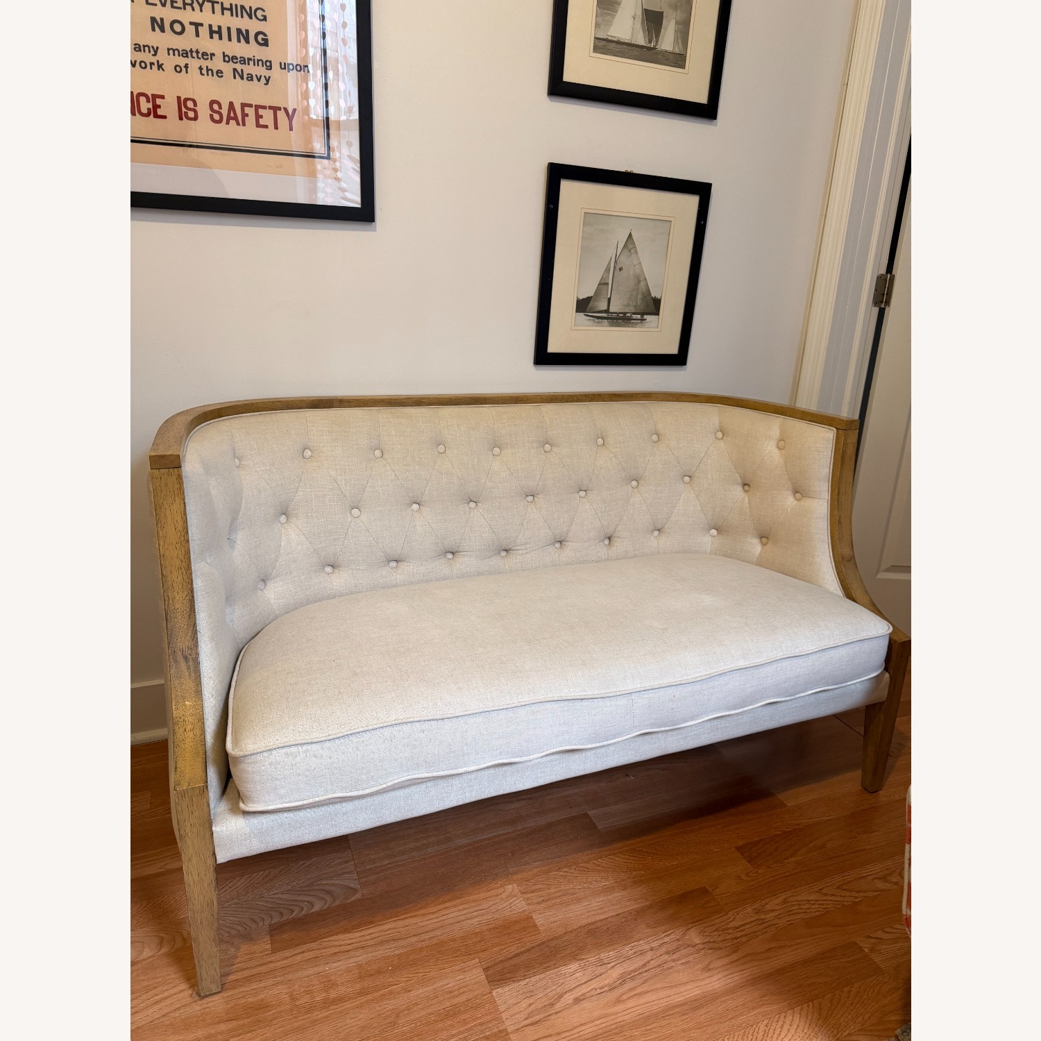 Beige Loveseat Couch W Wood Frame - image-3
