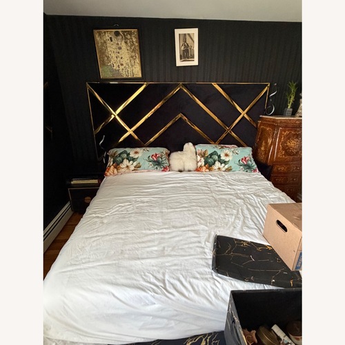 Used Amazon Black and Gold King Bed Frame for sale on AptDeco