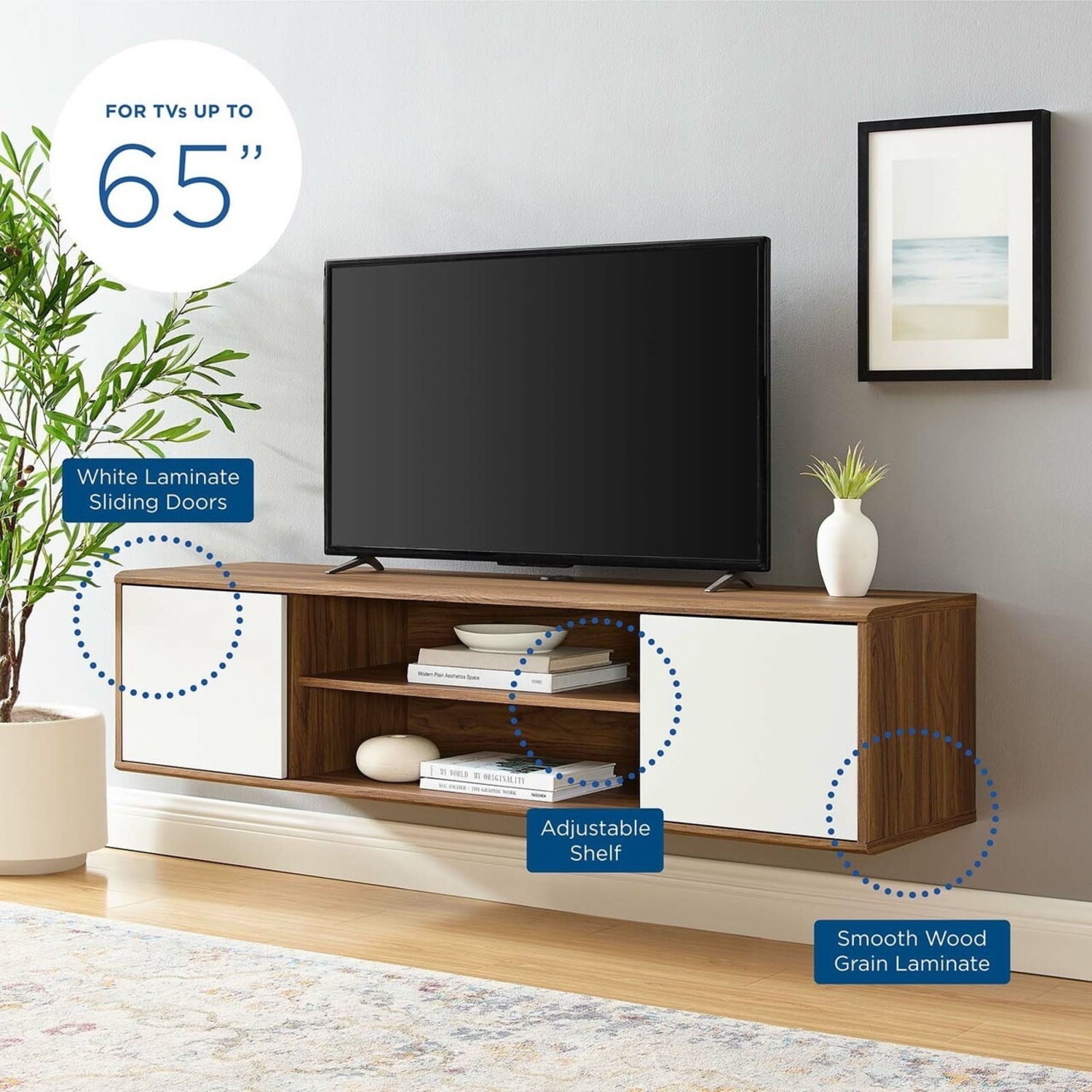 Modway 60" Wall-Mounted TV Stand In Walnut & White Finish - image-7