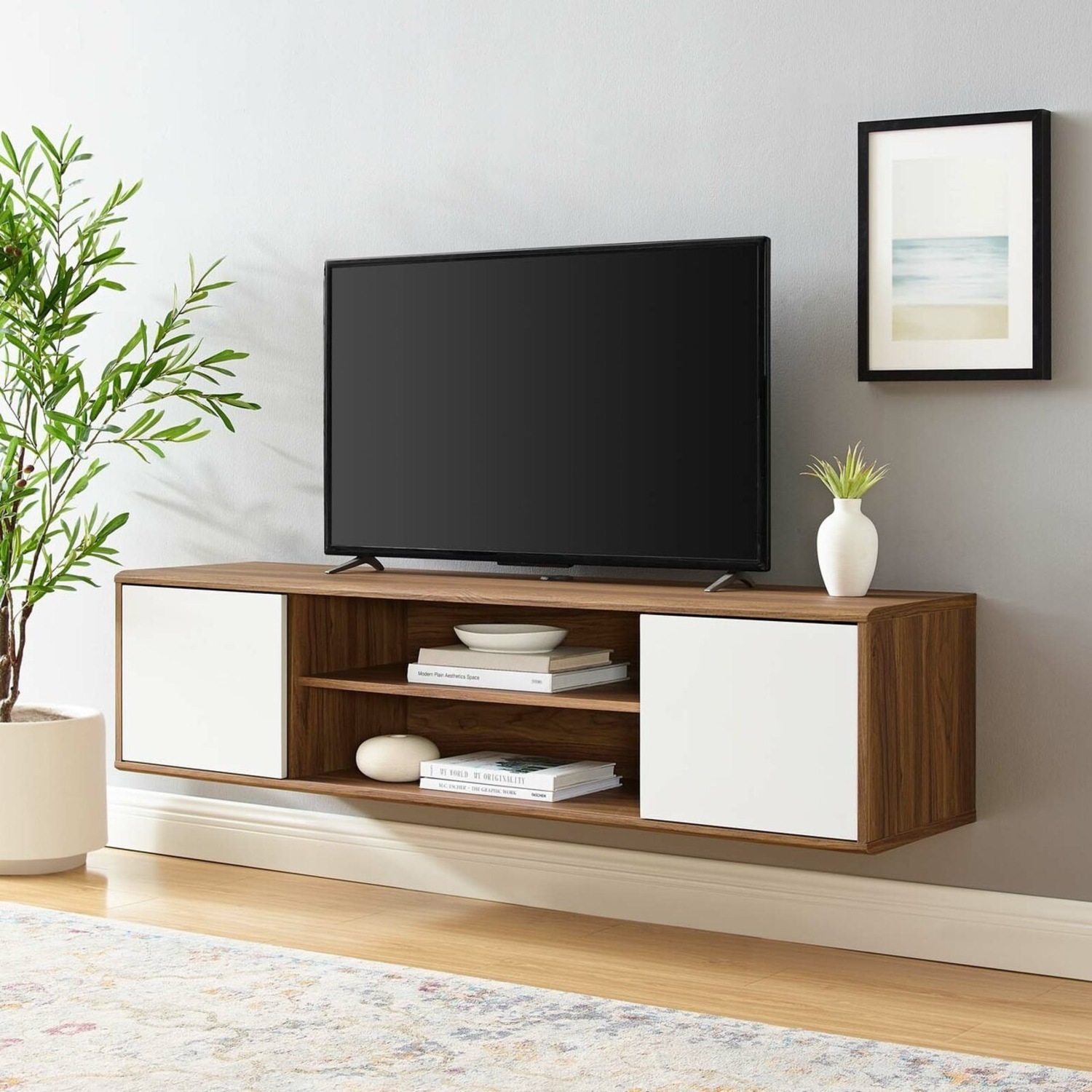 Modway 60" Wall-Mounted TV Stand In Walnut & White Finish - image-8