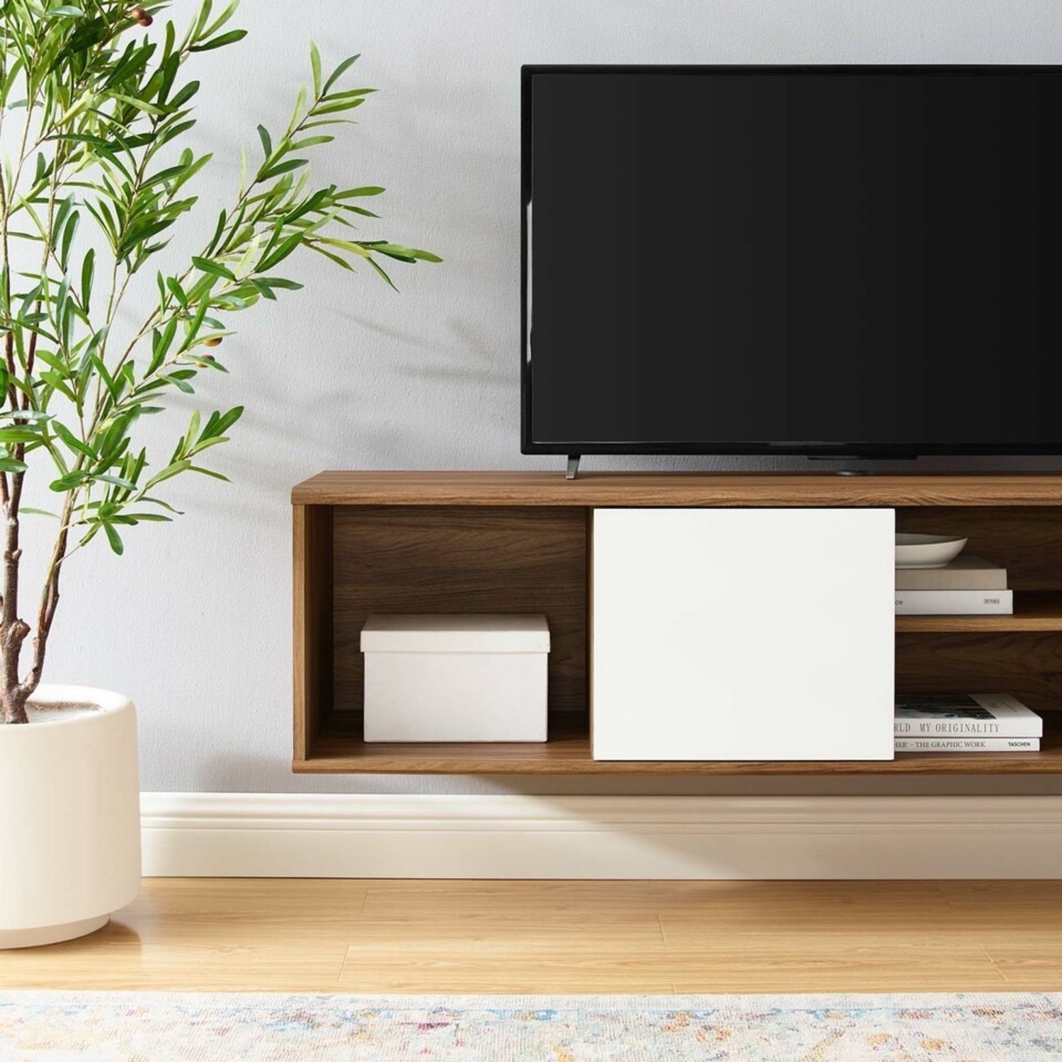 Modway 60" Wall-Mounted TV Stand In Walnut & White Finish - image-6