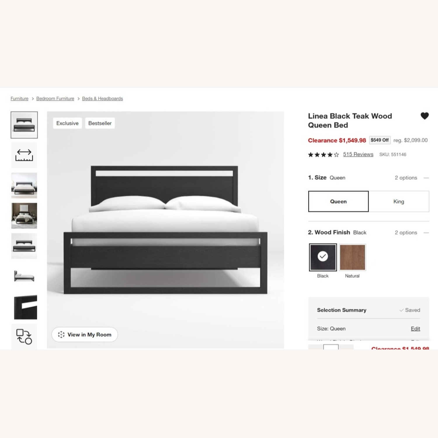 Linea Black Teak Wood Queen Bed W Adjustable Base - image-1