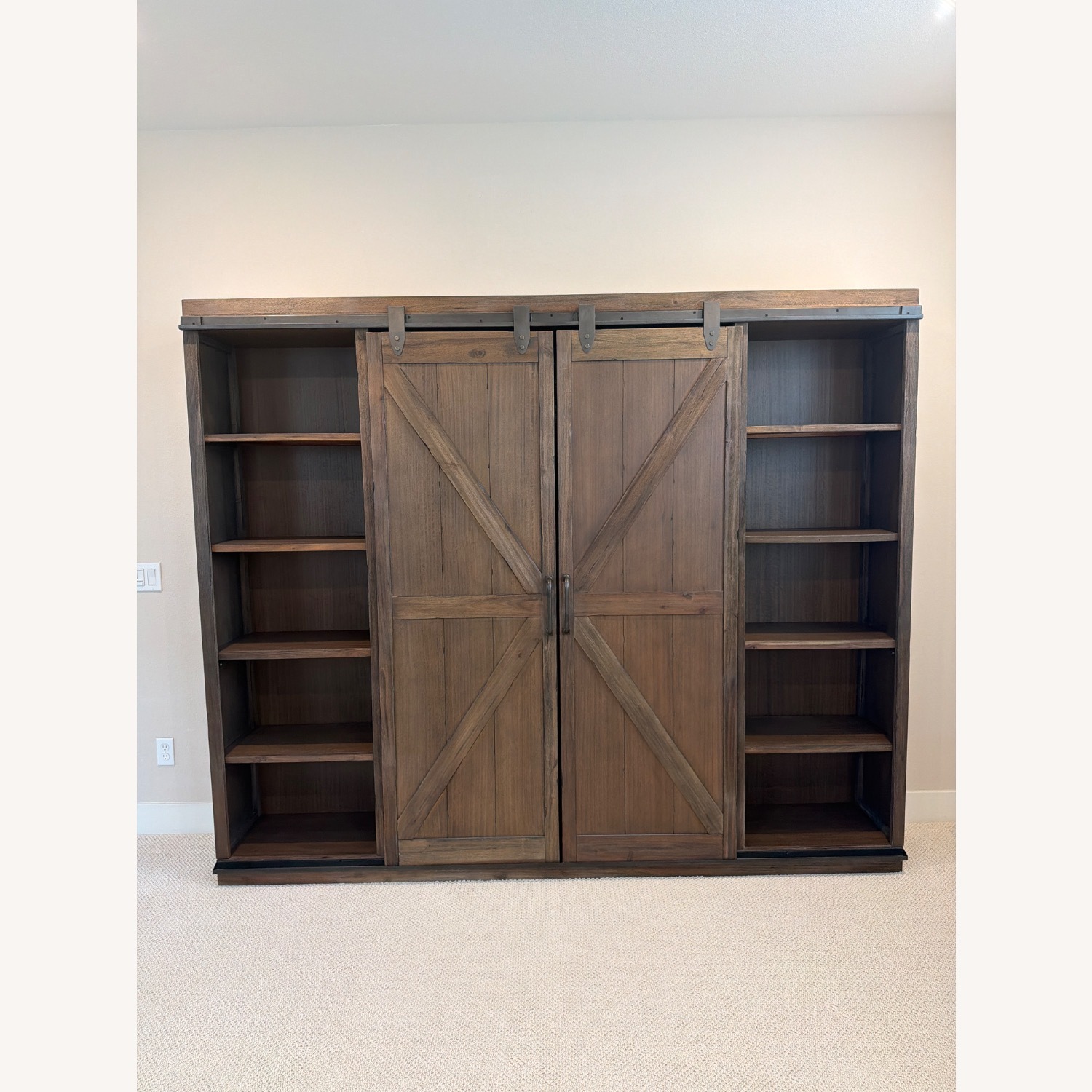 Large Burnt Alder Farmhouse Barn Door Bookshelf - image-1