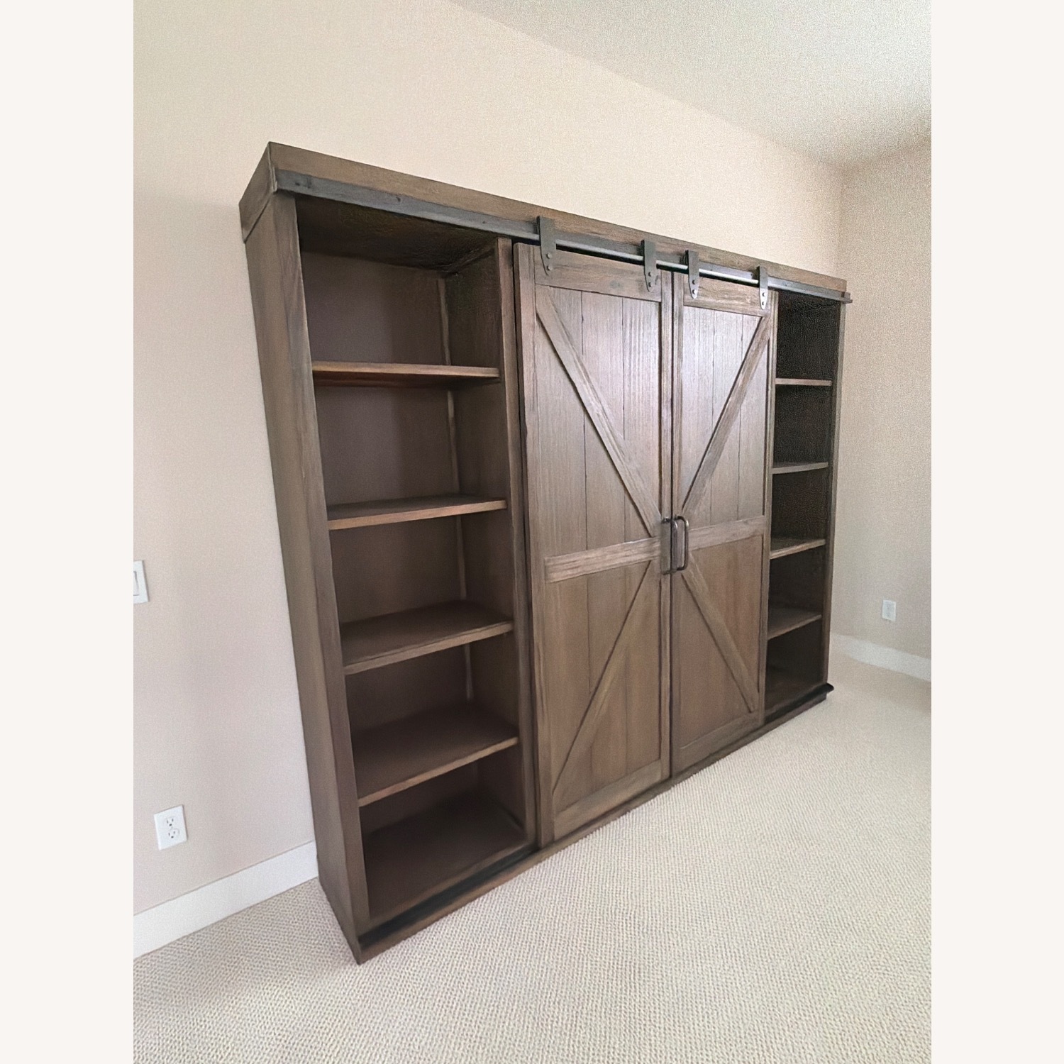 Large Burnt Alder Farmhouse Barn Door Bookshelf - image-4