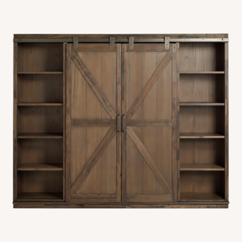 Used Large Burnt Alder Farmhouse Barn Door Bookshelf for sale on AptDeco