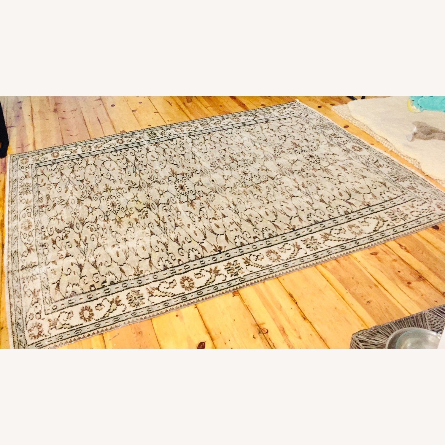 Vintage Turkish Handmade Floral Green Rug - image-2