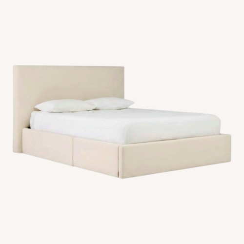 Used West Elm Freya Flange White Linen Queen Bed for sale on AptDeco