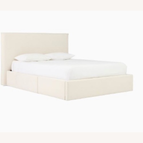 Used West Elm Freya Flange White Linen Queen Bed for sale on AptDeco