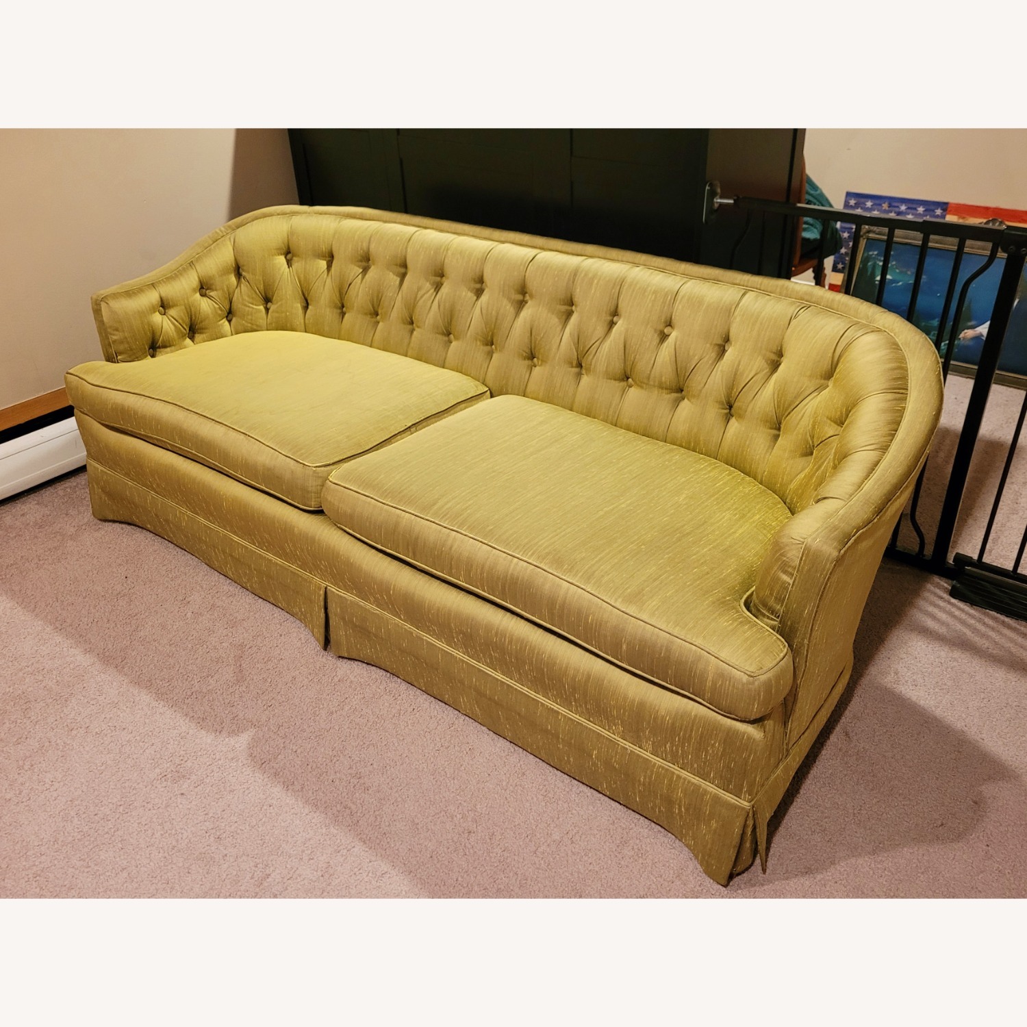 Vintage/Antique Green Silk 2 Seater Sofa - image-2