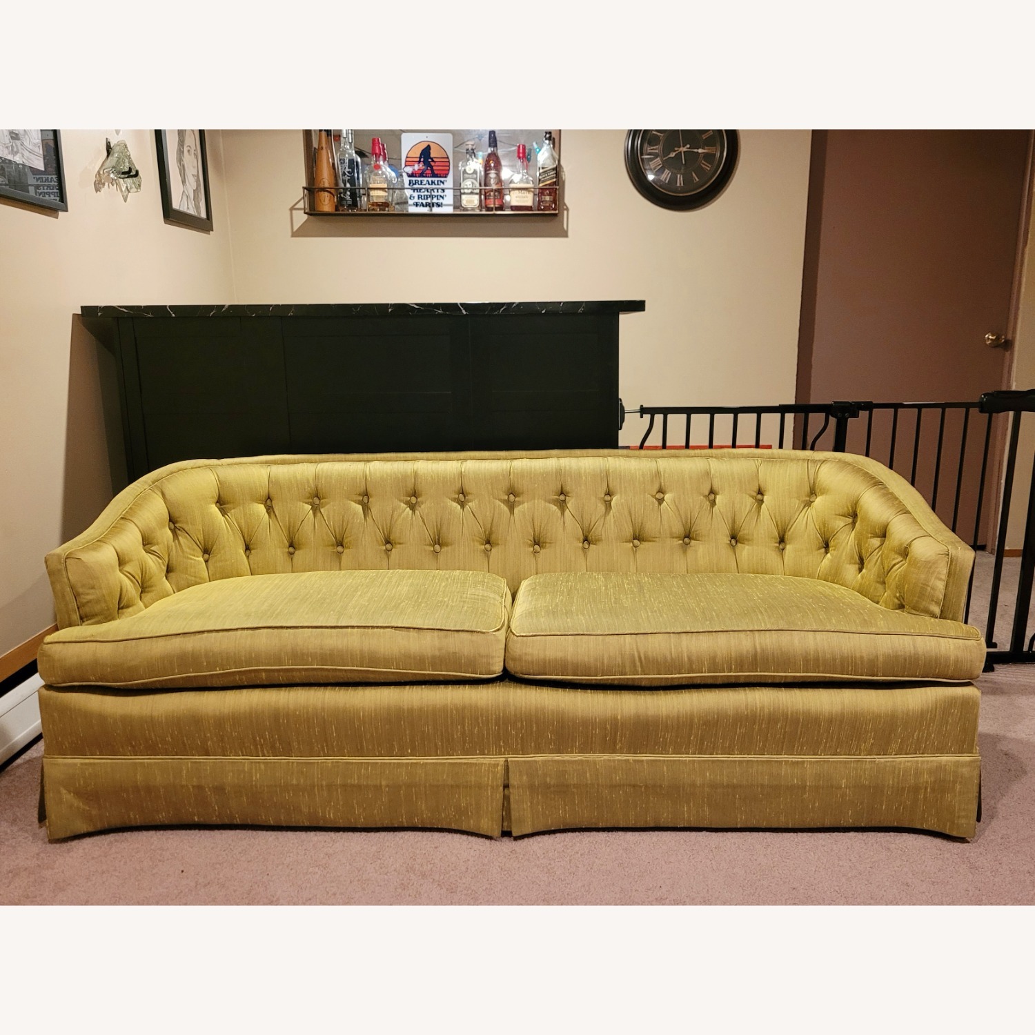 Vintage/Antique Green Silk 2 Seater Sofa - image-1