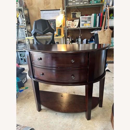 Used Dark Brown Wood Half Round Table &  Drawers for sale on AptDeco