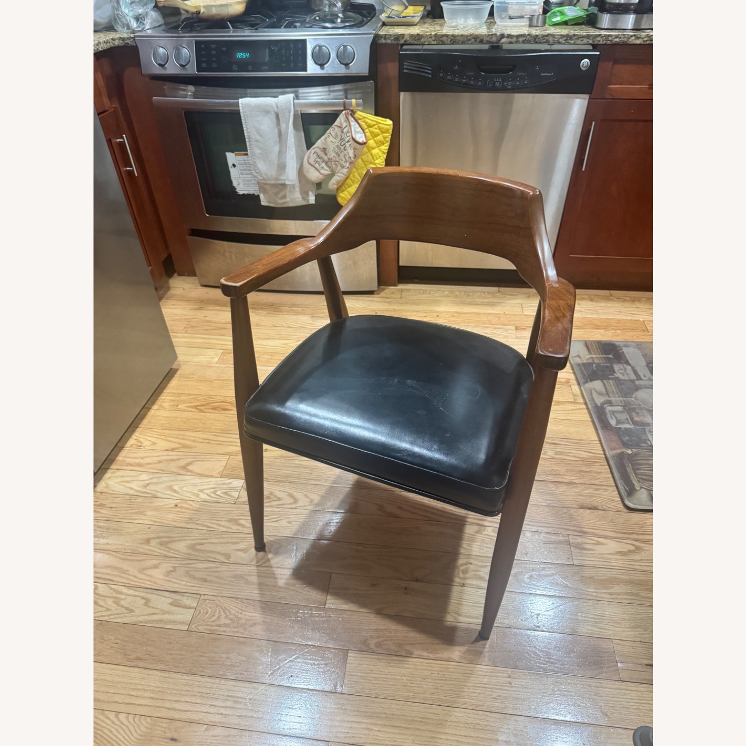Wood Accent Chair with Black Leather Seat - image-3