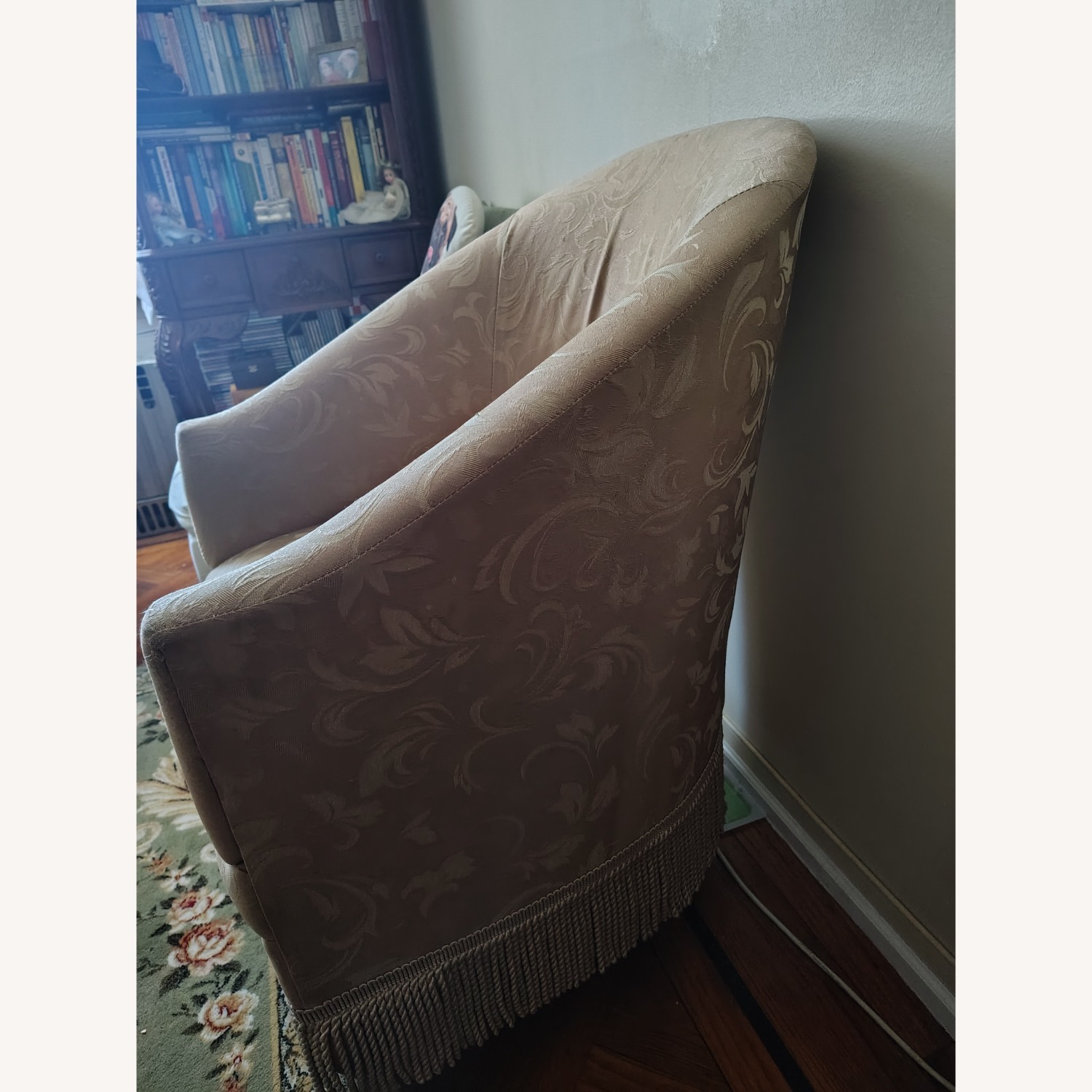 Gold Fabric Armchair with Fringe - image-5
