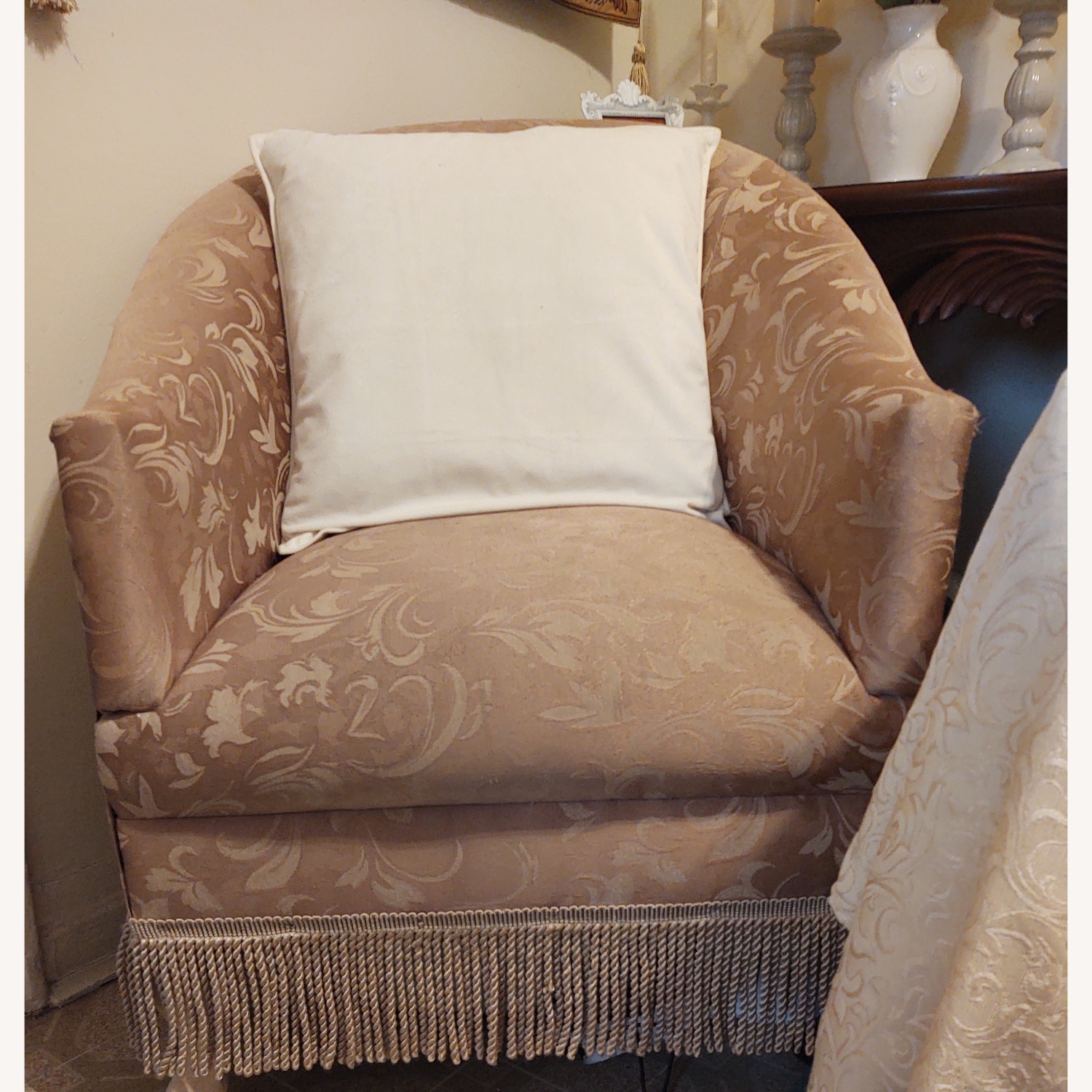 Gold Fabric Armchair with Fringe - image-1