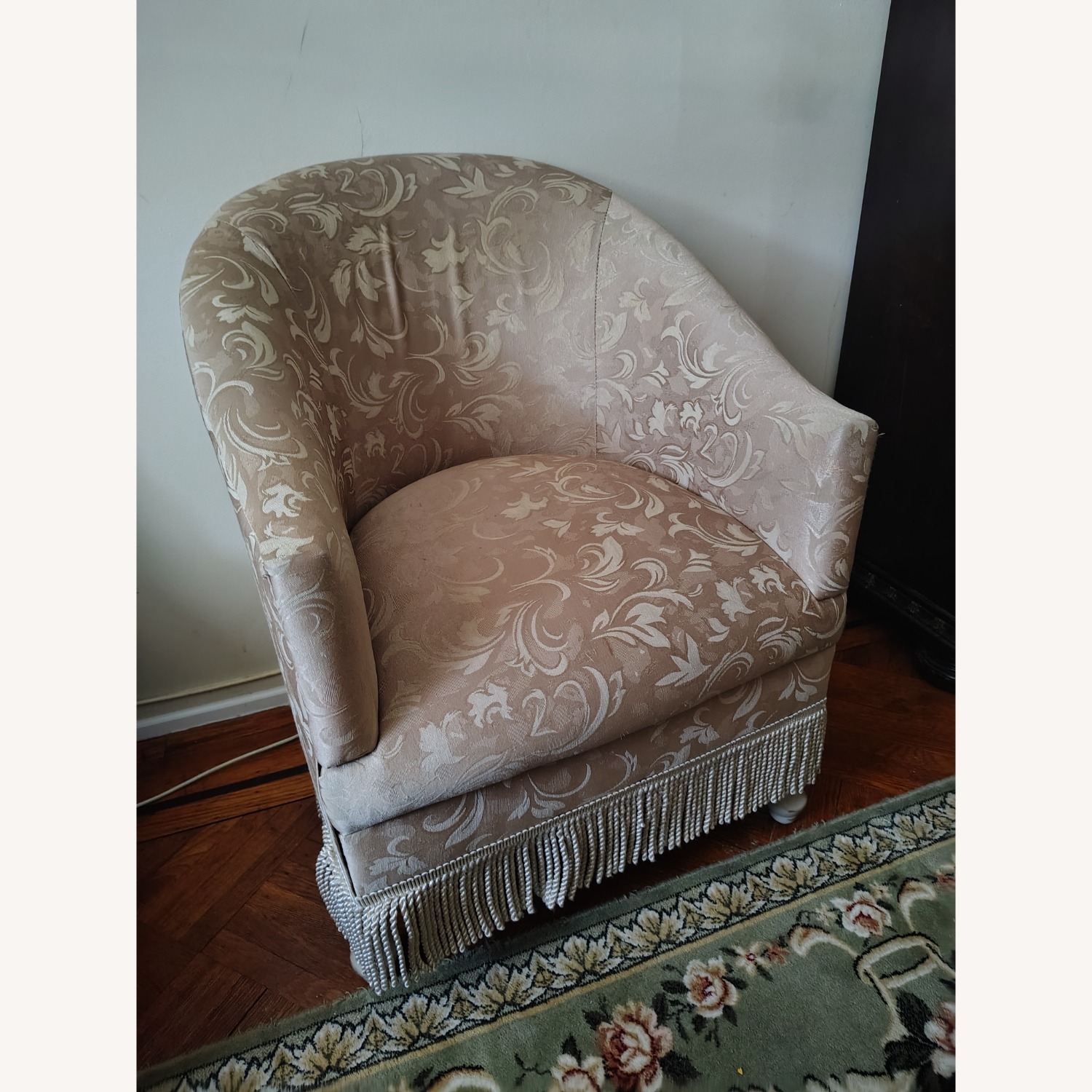 Gold Fabric Armchair with Fringe - image-2