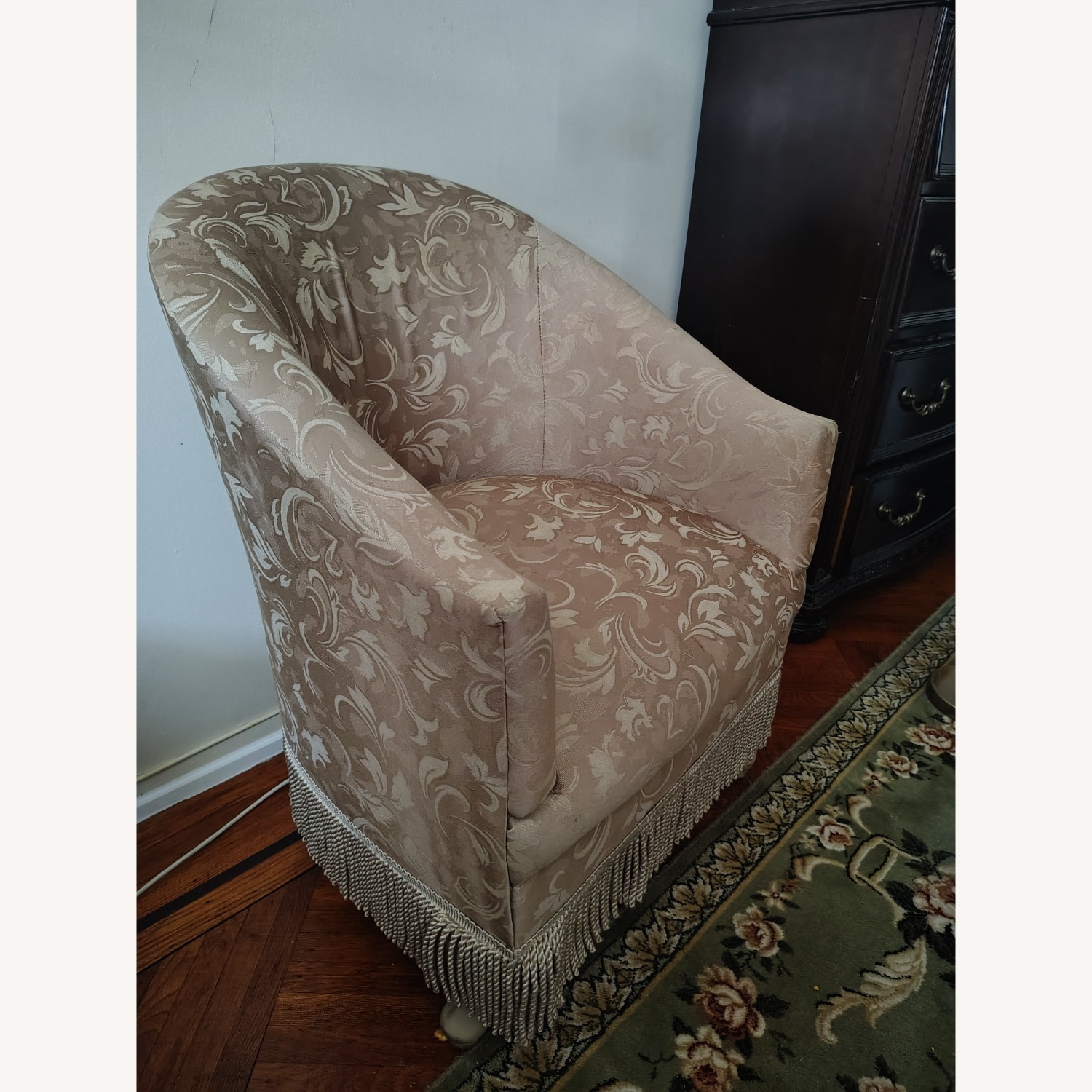 Gold Fabric Armchair with Fringe - image-4
