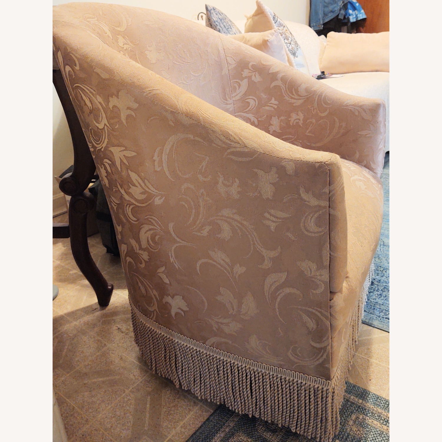 Gold Fabric Armchair with Fringe - image-3
