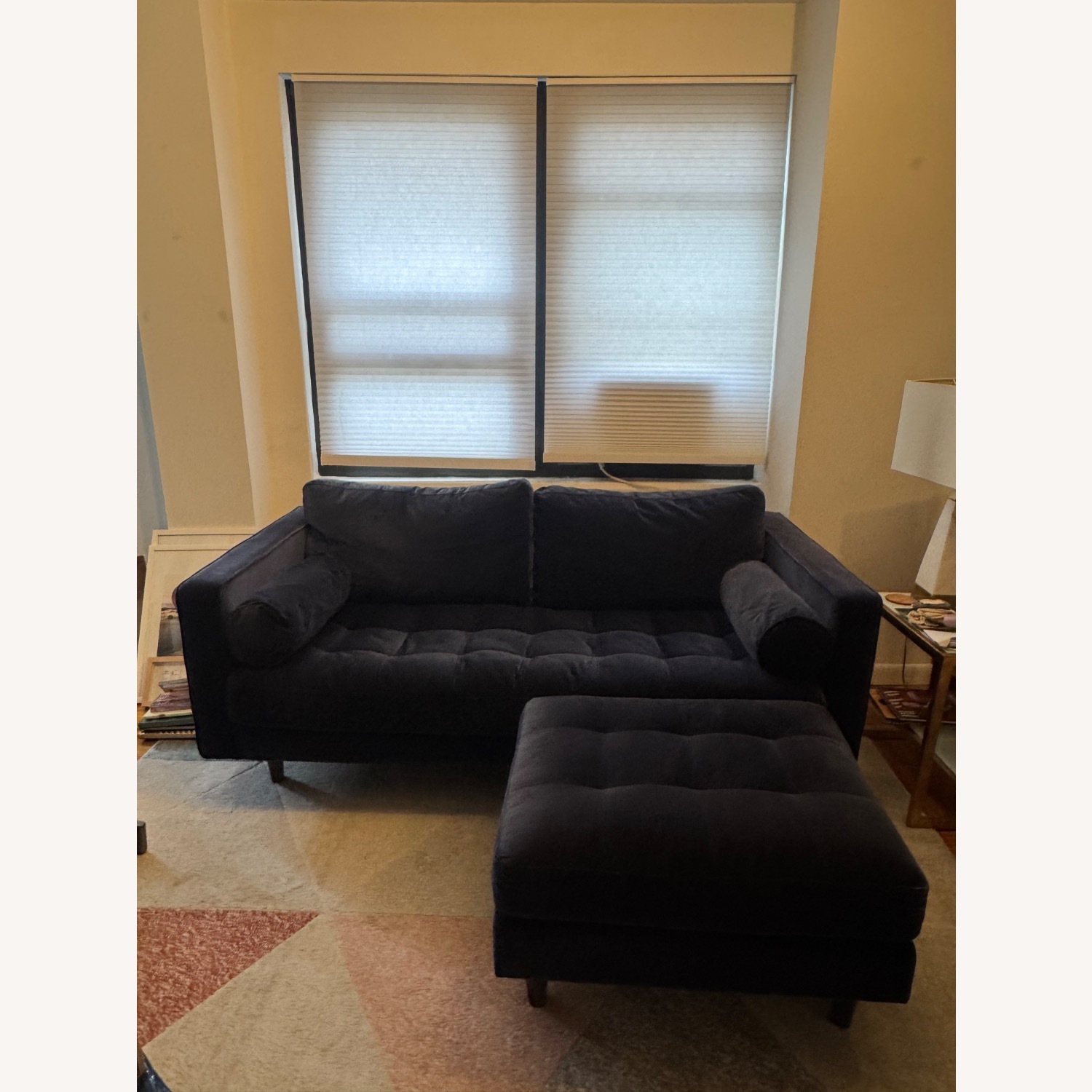 West Elm Blue Velvet Sofa and Ottoman - image-1