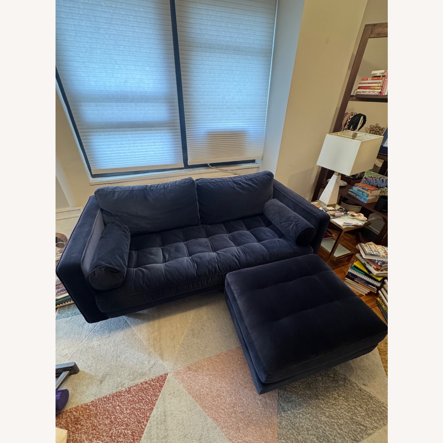 West Elm Blue Velvet Sofa and Ottoman - image-2