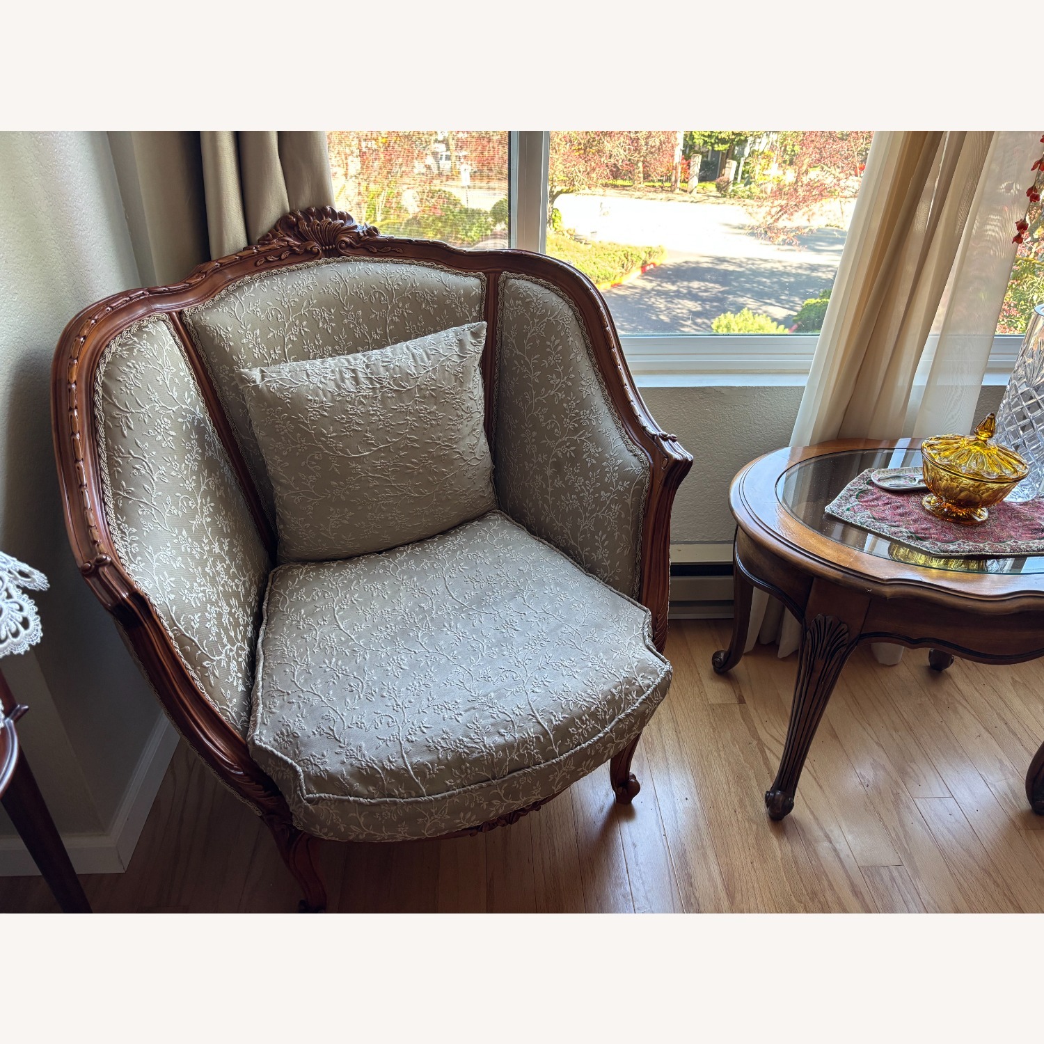 French Provincial Carved Wood Brocade Armchairs  - image-1