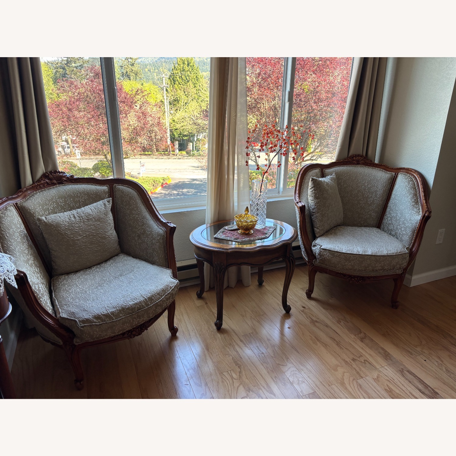 French Provincial Carved Wood Brocade Armchairs  - image-2
