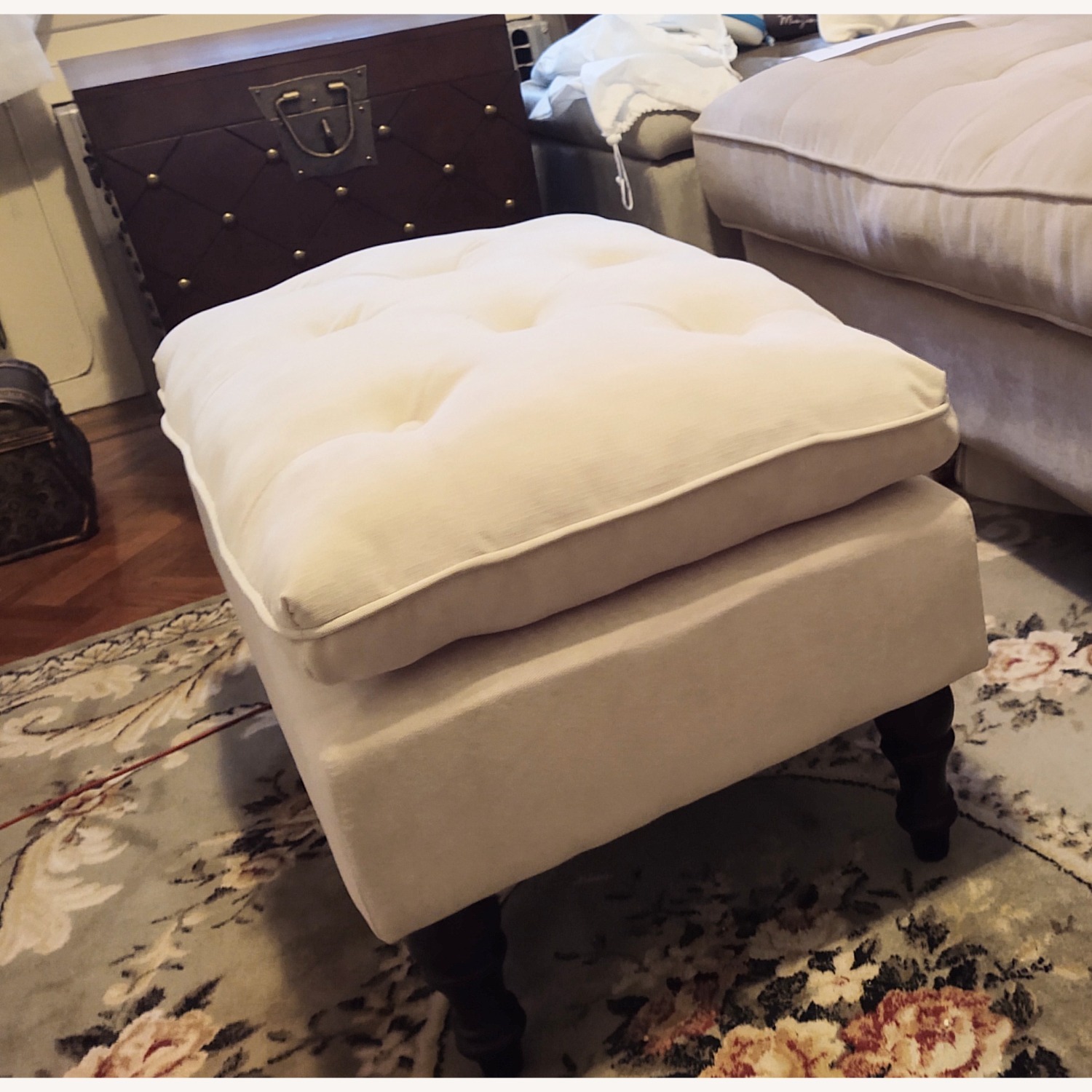 GDFStudio Velvet Tufted Pillow Top Ottoman, Cream - image-5