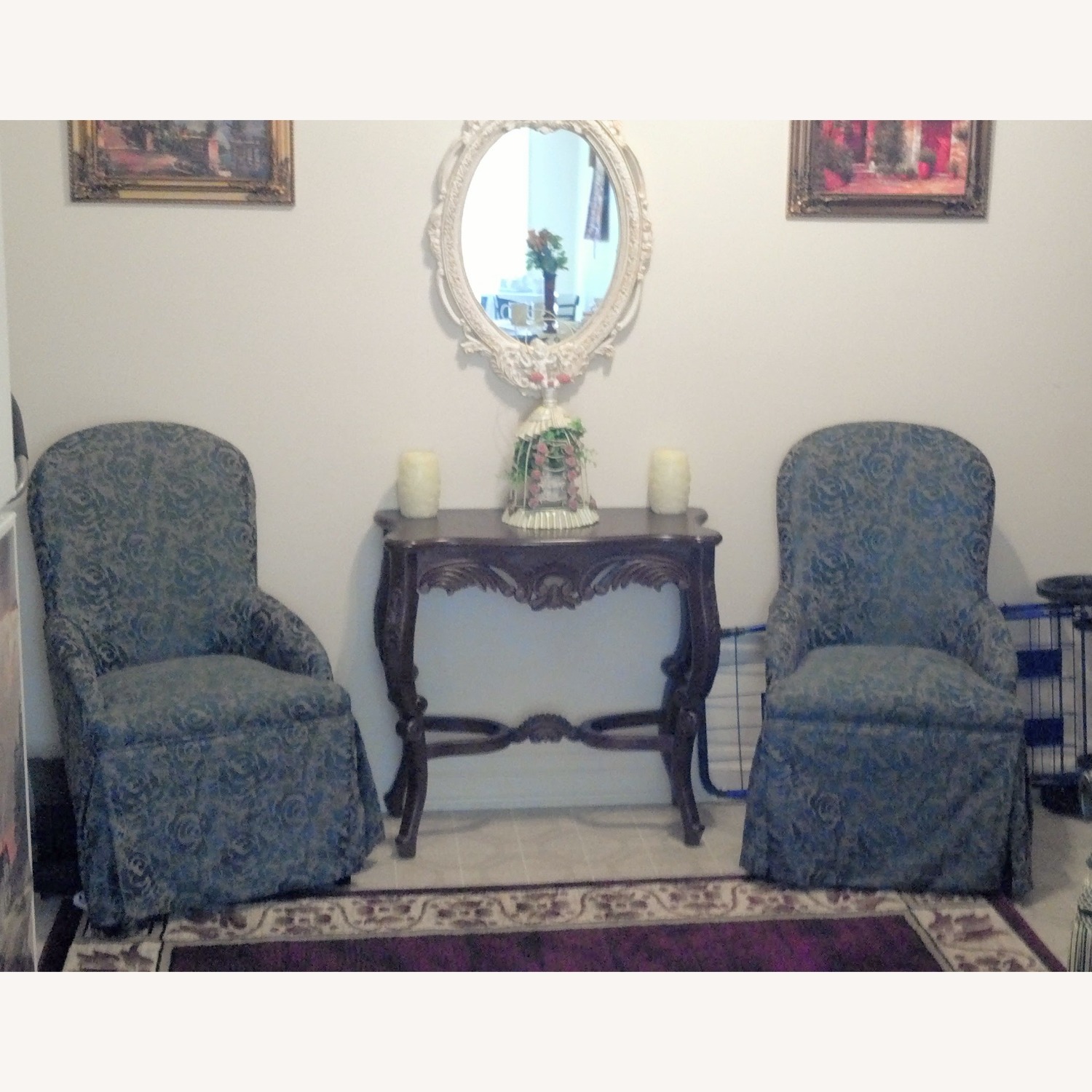 2 Vintage-Look Skirted Green Accent Chairs - image-1