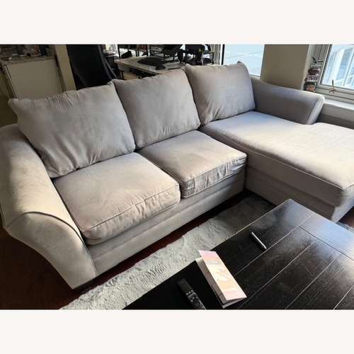 Used Raymour & Flanigan Light Gray Microsuede 2 Piece Sectional for sale on AptDeco