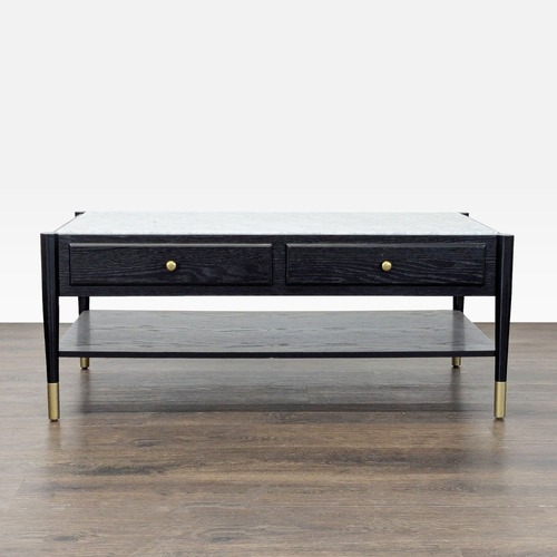 Used Two Drawer Wood Coffee Table with Marble Top	 for sale on AptDeco