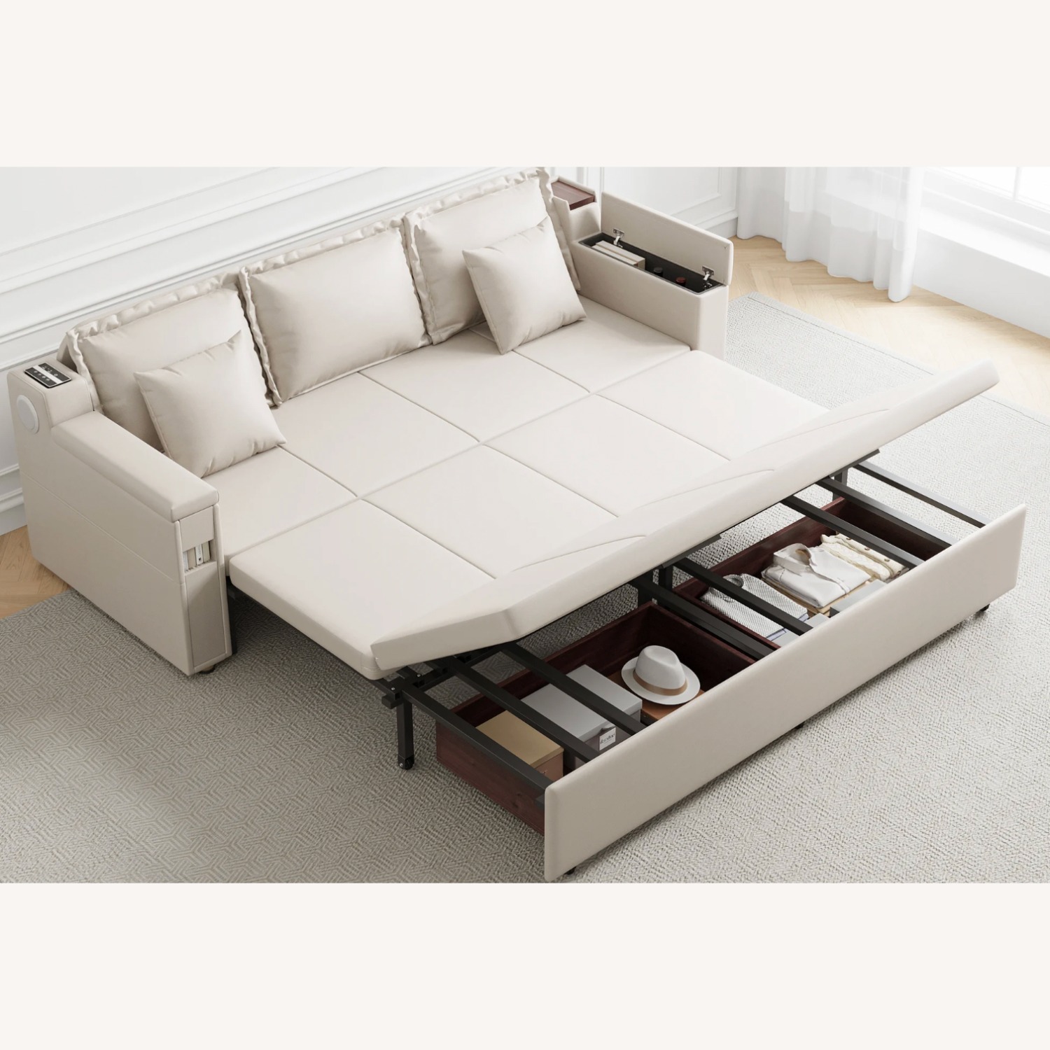 83” Beige Sleeper Sofa w Storage - image-3