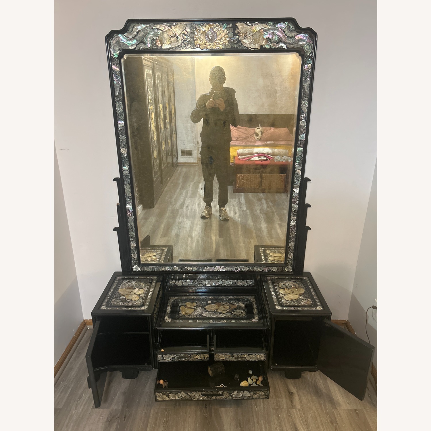 Korean Black Lacquer Dressing Cabinet W MOP Inlay - image-8