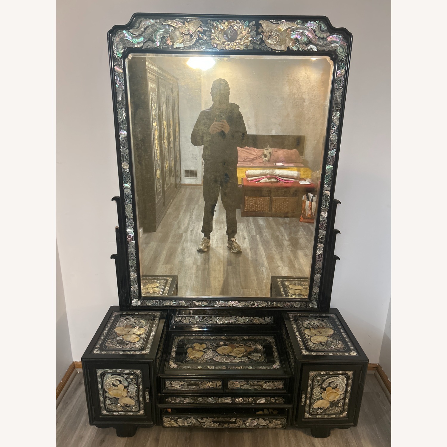Korean Black Lacquer Dressing Cabinet W MOP Inlay - image-1