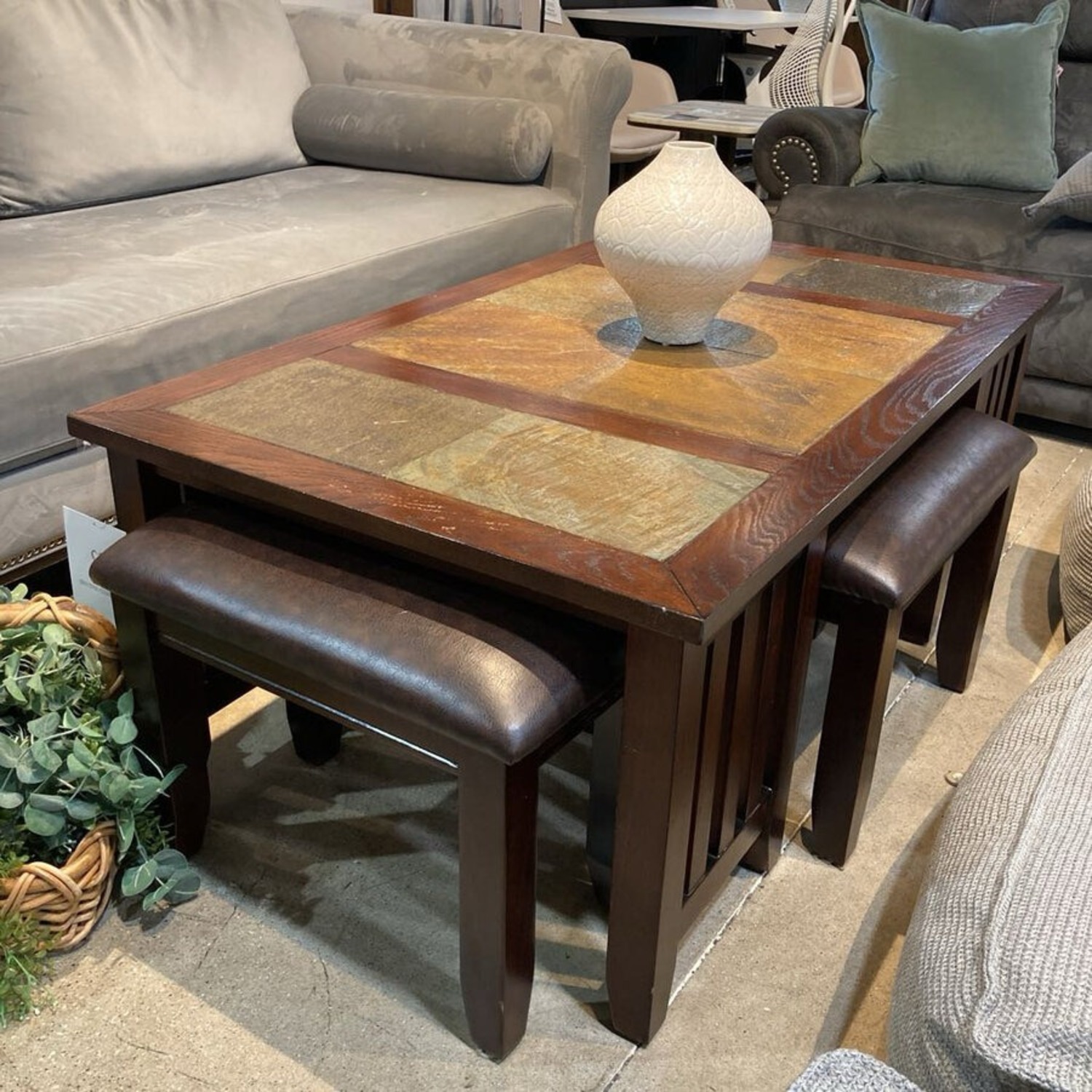 Stone Top Dinner Table w Four Stools Furniture - image-2