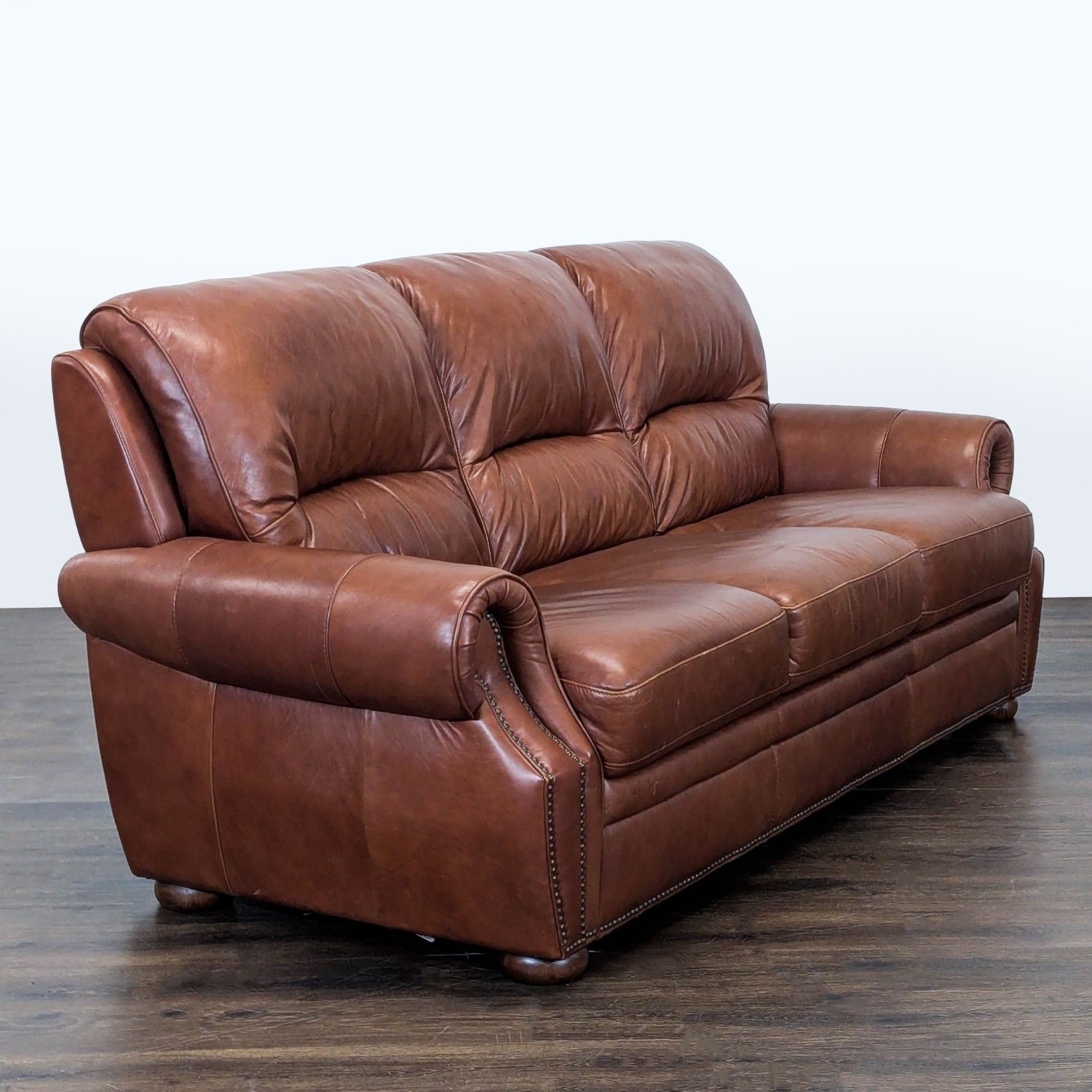 Classic Brown Leather 3-Seat Sofa with Rolled  - image-1