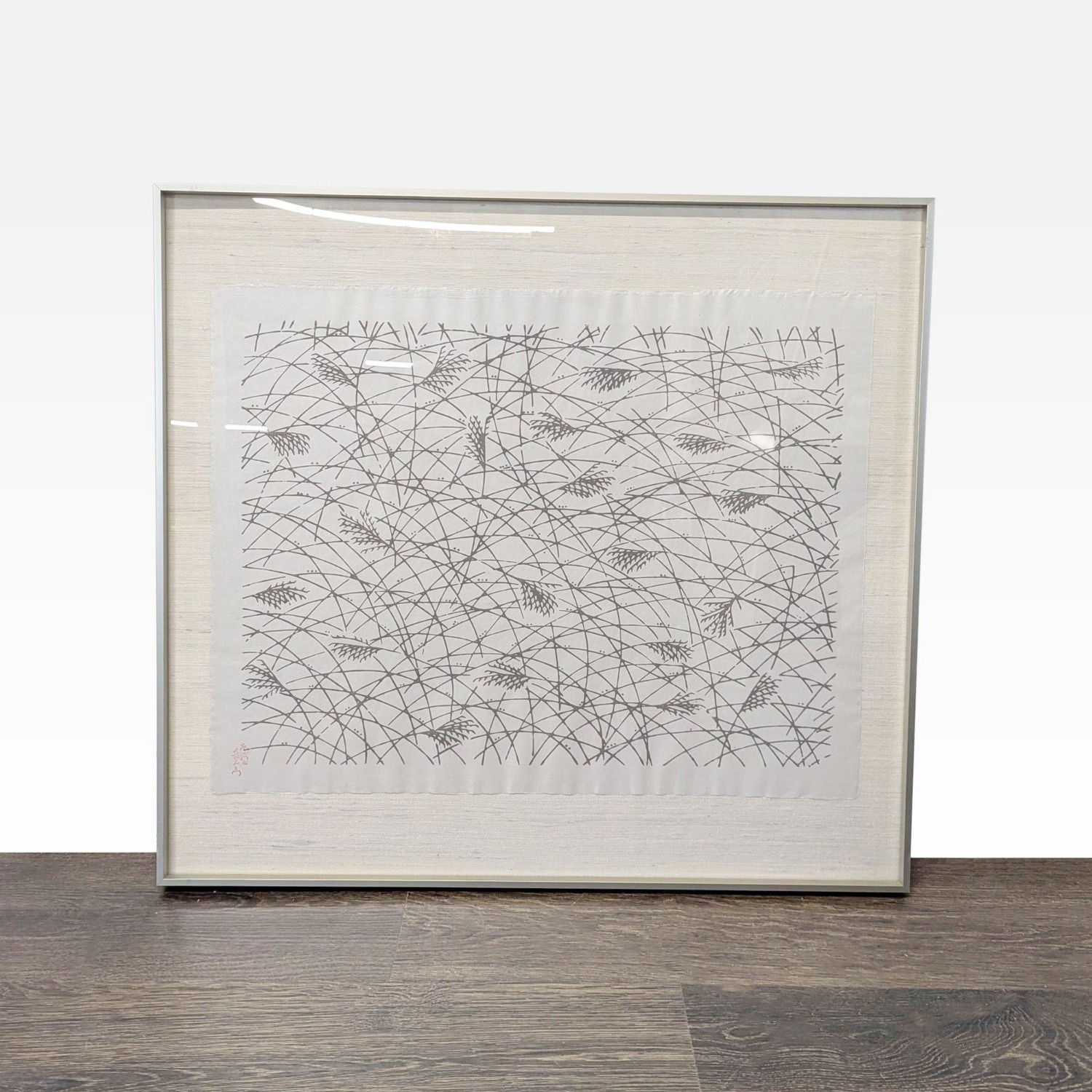 Framed Asian Ink on Silk - Minimalist Reed  - image-2