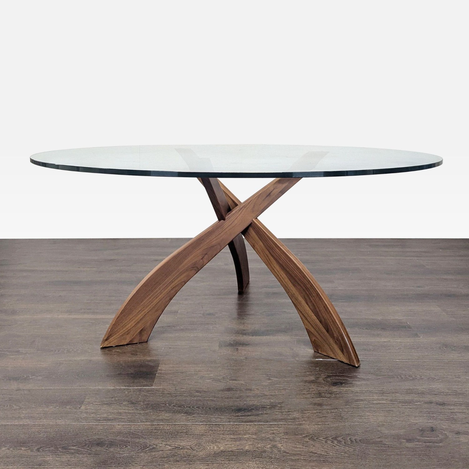 Glass Top Dining Table on Three Prong Wood Base - image-1