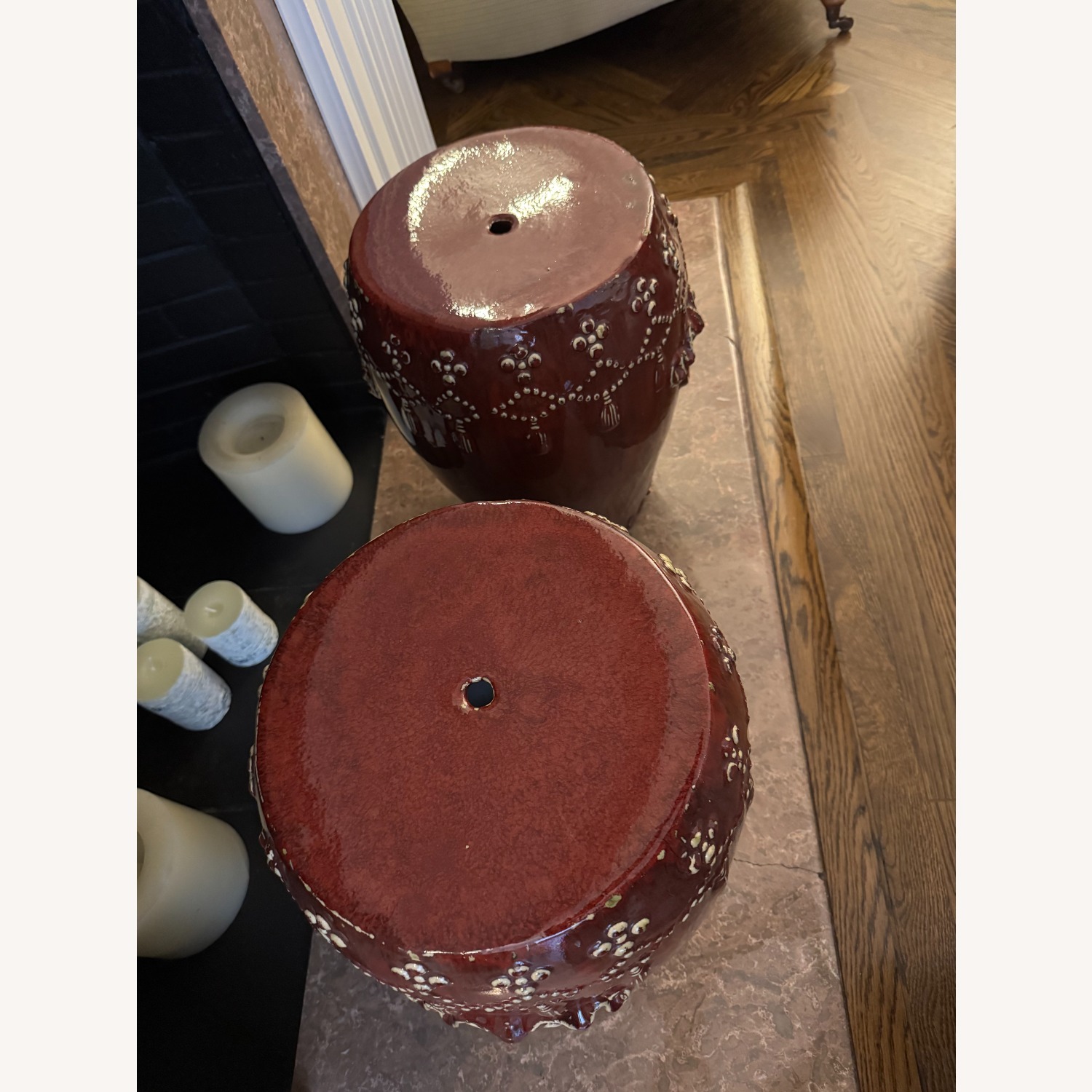 Pair of Red Ceramic Asian Garden Seats - image-2
