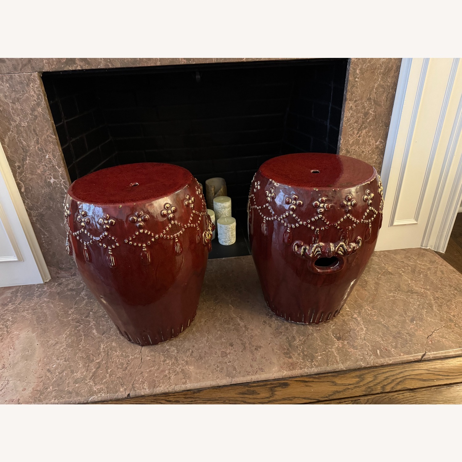 Pair of Red Ceramic Asian Garden Seats - image-3