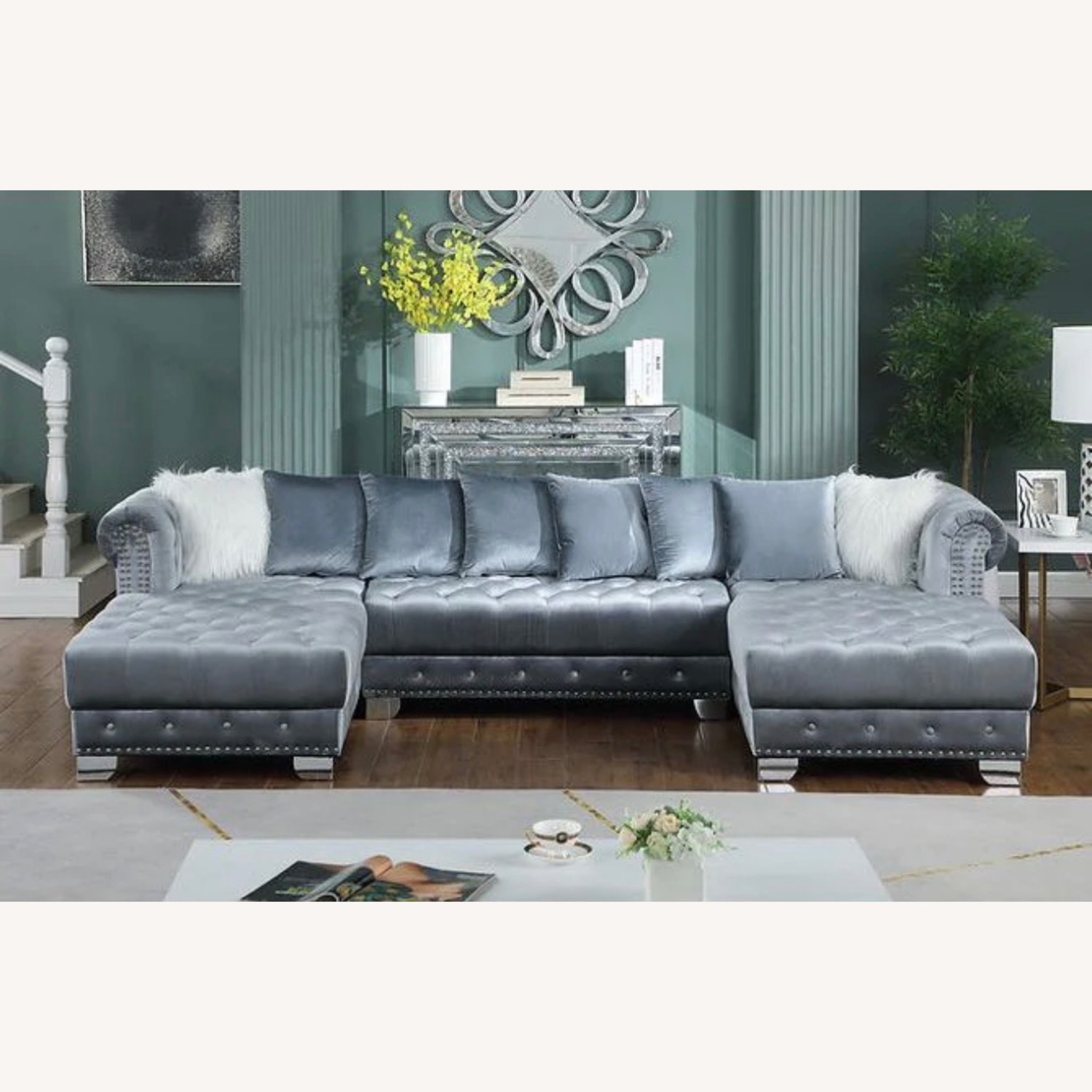Grey Velvet 2-Piece Sectional Sofa - image-2